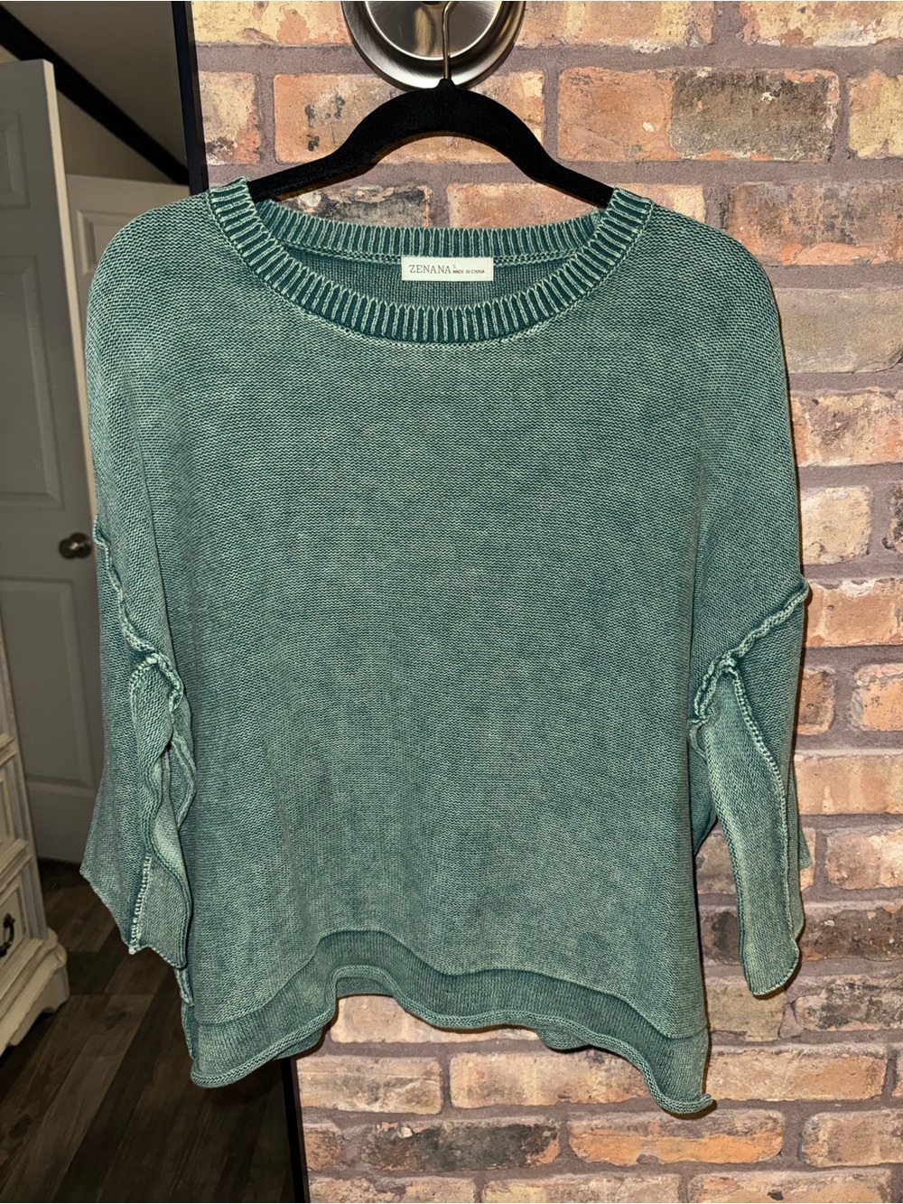 Zenana Outfitters teal crewneck sweater with tie-detail sleeves
